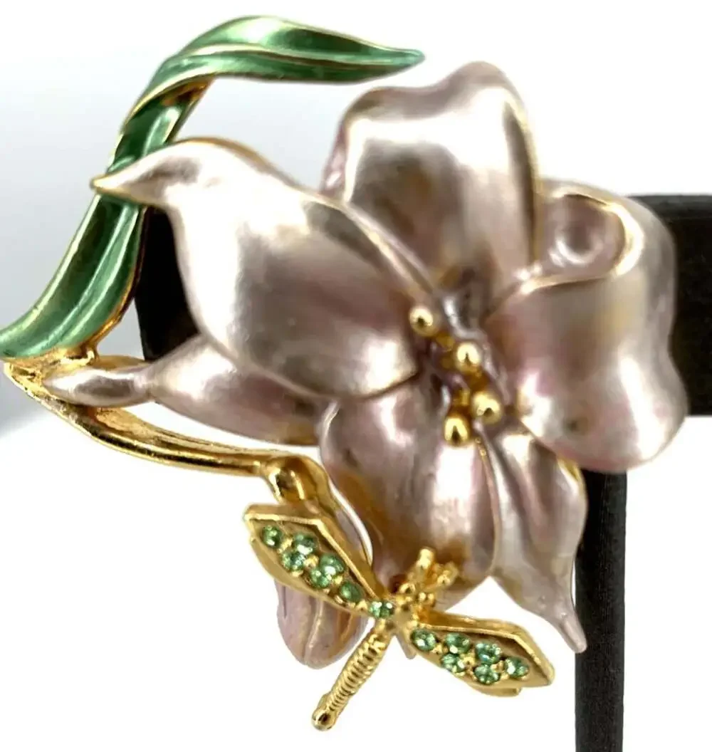 A.S. Brooch Enamel Flower Green Rhinestones Dragonfly 2